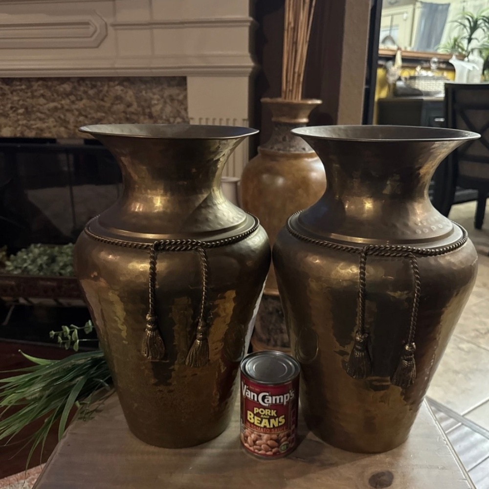 Set of two 1 Foot 4 inch Tall Vintage Large Brass Hammered Vase